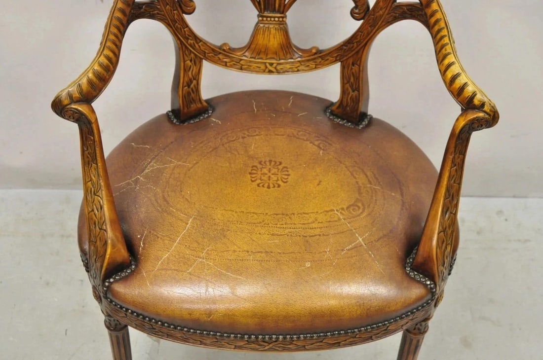 Late 20th Century Theodore Alexander Neoclassical Regency Style Carved Mahogany Leather Arm Chair - 4