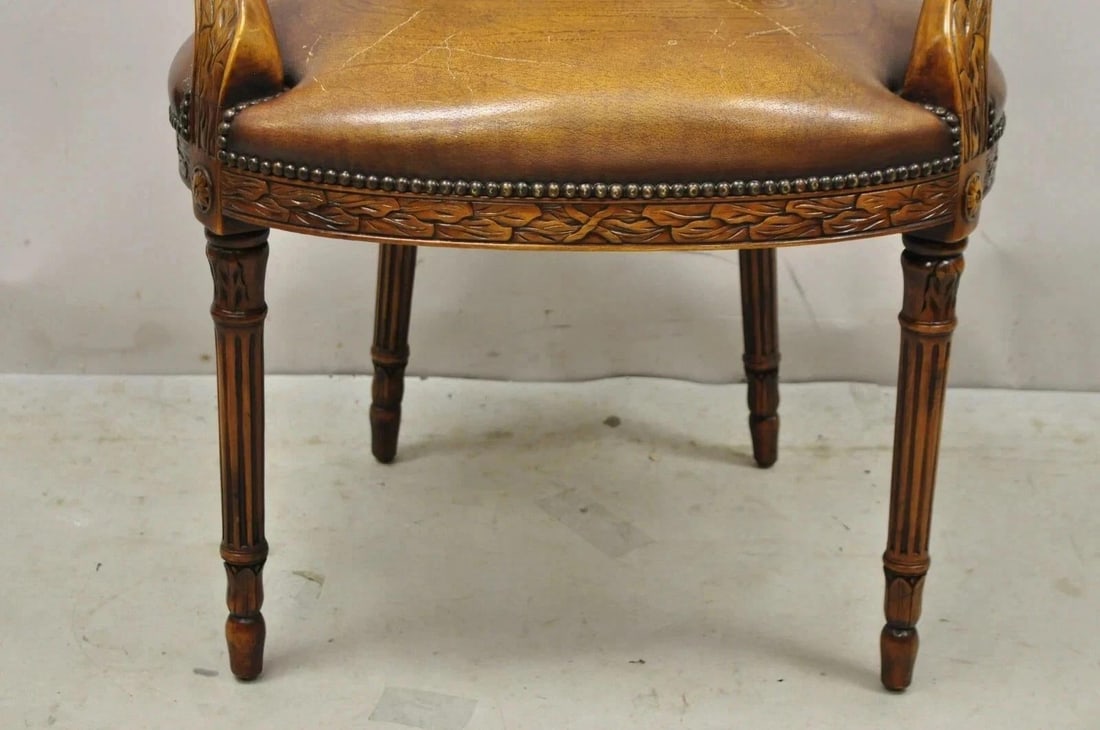 Late 20th Century Theodore Alexander Neoclassical Regency Style Carved Mahogany Leather Arm Chair - 5