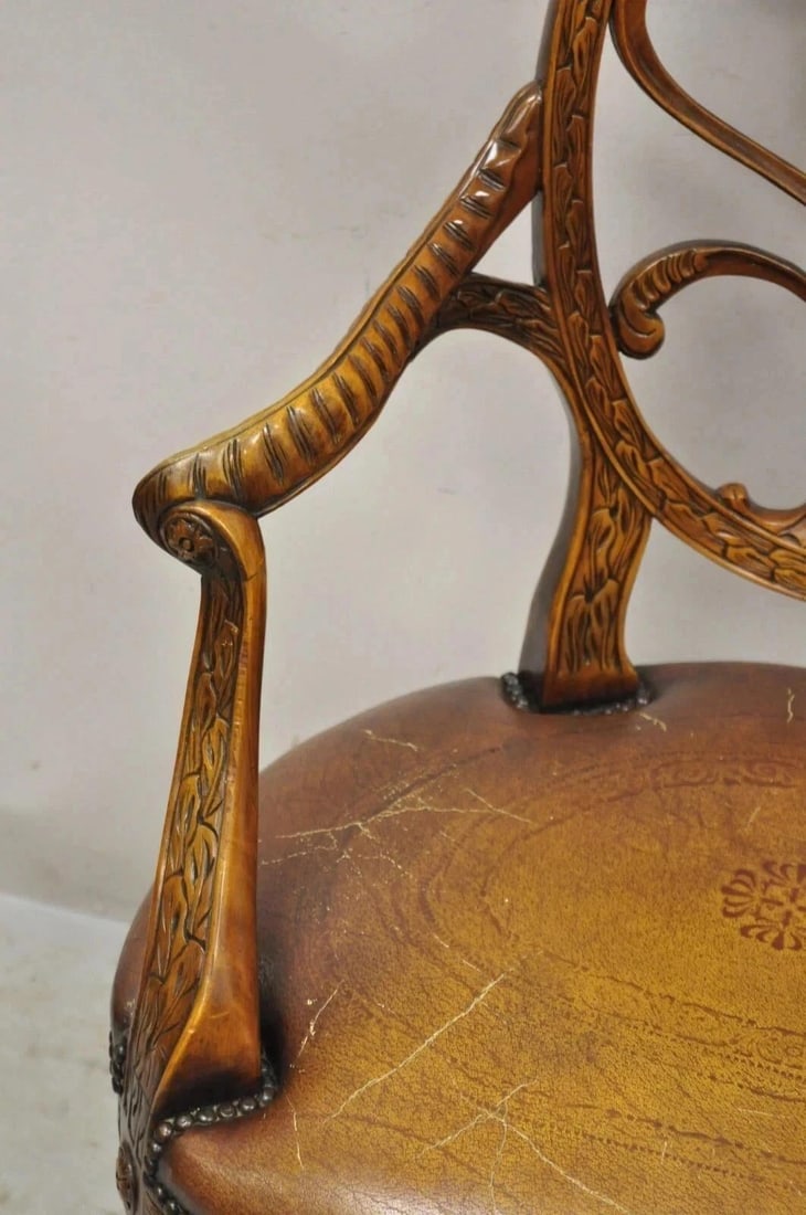 Late 20th Century Theodore Alexander Neoclassical Regency Style Carved Mahogany Leather Arm Chair - 6