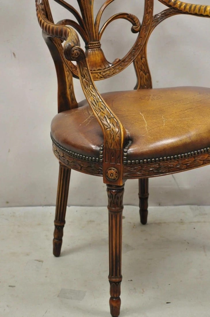 Late 20th Century Theodore Alexander Neoclassical Regency Style Carved Mahogany Leather Arm Chair - 9