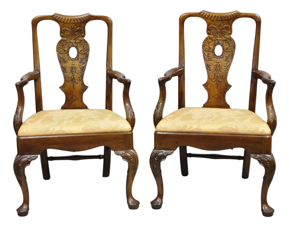 Late 20th Century Henredon Aston Court Chinoiserie Georgian Mahogany Dining Arm Chairs - A Pair: Vintage Henredon Aston Court Chinoiserie Georgian Style Mahogany Dining Armchairs - a Pair. Chairs feature bird carved back splats, Queen Anne legs, carved knees, original label/stamp, quality America