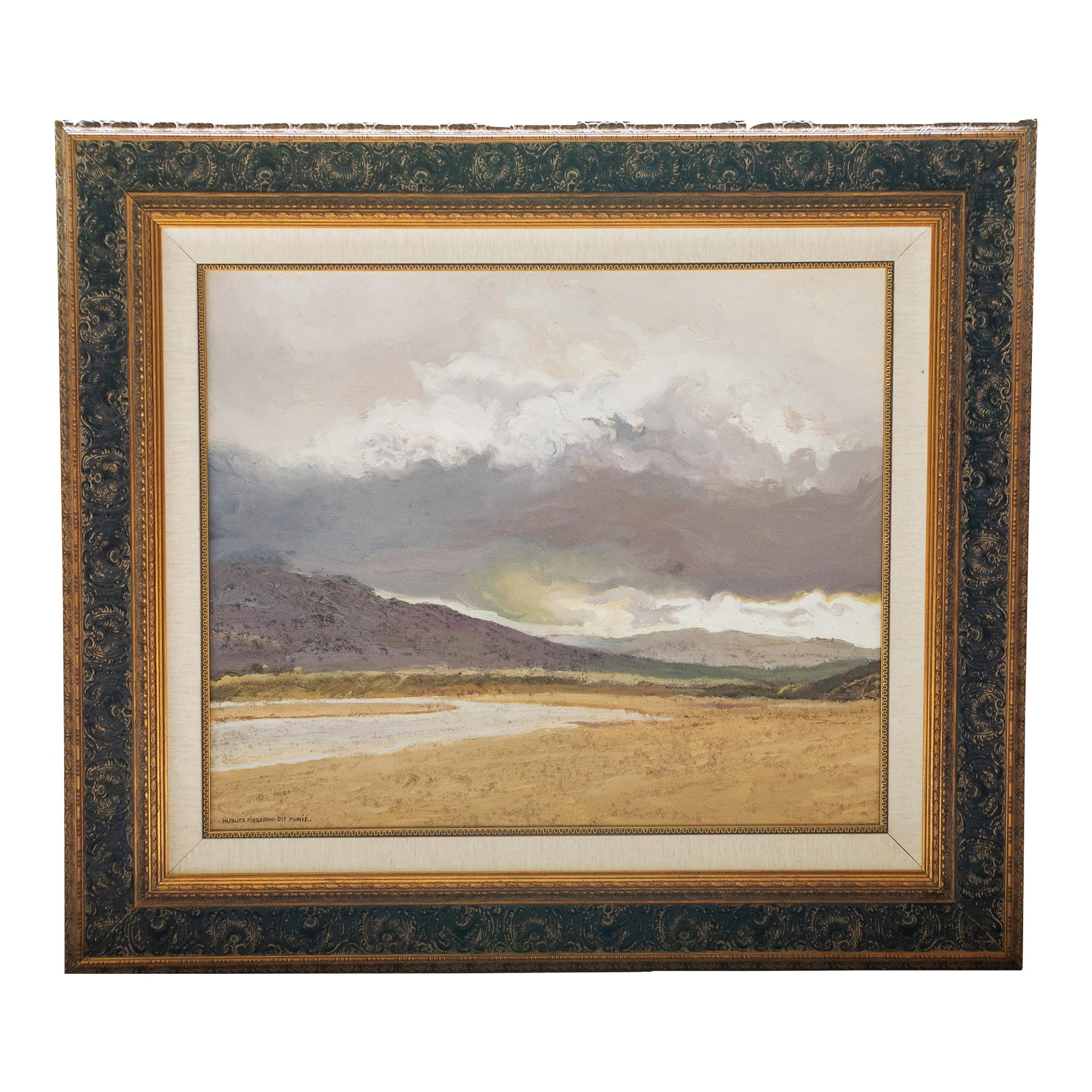 Mid 20th Century Hugues Claude Pissarro - Nuage Et Sable, Oil on Canvas: Nuage et Sable, original oil on canvas by Hugues Claude Pissarro (born 1935). Depicts a wide coastal landscape in Donegal, Ireland, with a sandy foreground, distant hills, and a dramatic sky filled wi