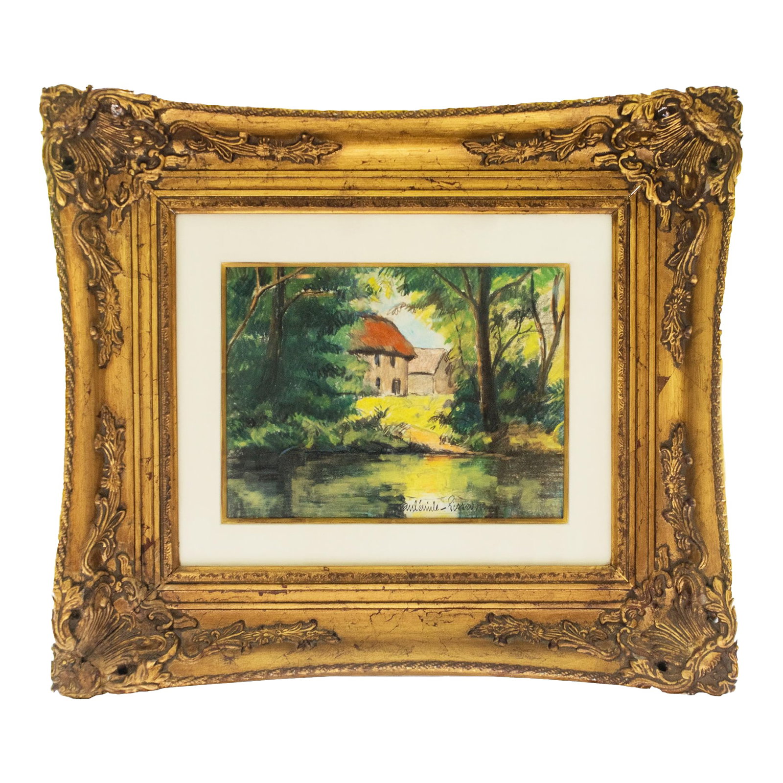 Early 20th Century Paul-Emile Pissarro - Le Champ De Prommiers, Pastel: Le Champ de Pommiers, pastel on paper by Paul-Emile Pissarro (1884-1972). Depicts a rural landscape with a cottage set among trees beside a reflective body of water, rendered with soft color and paint