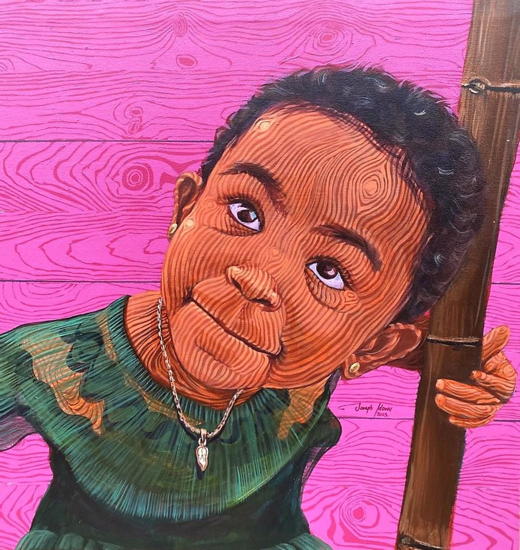 The Girl and the Bamboo 2 by Joseph Idowu | Acrylic on canvas of a girl with bamboo and a pink backg: This artwork depicts a young girl with a warm smile, playfully leaning against a bamboo pole. The vibrant pink background contrasts beautifully with her deep green dress, enhancing the lively