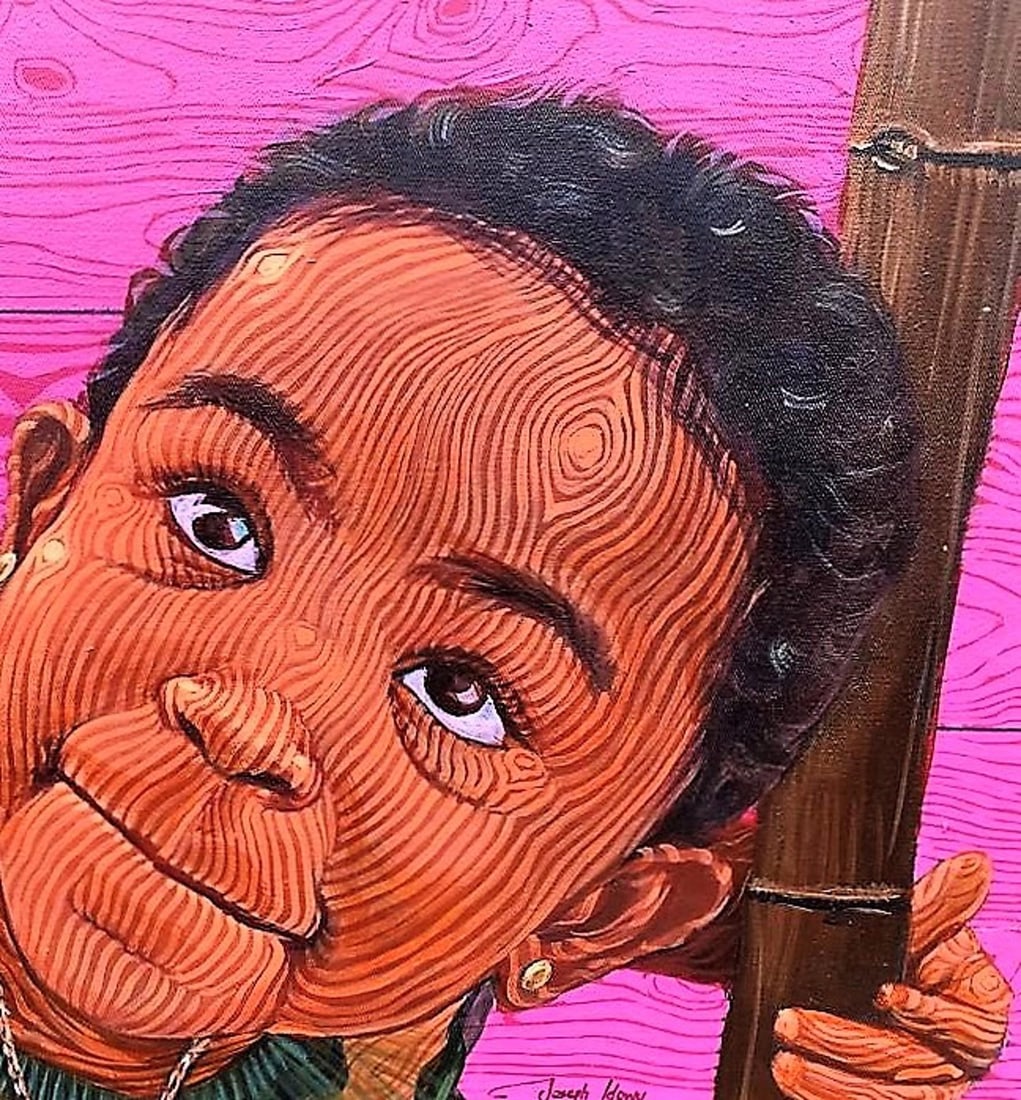 The Girl and the Bamboo 2 by Joseph Idowu | Acrylic on canvas of a girl with bamboo and a pink backg - 3