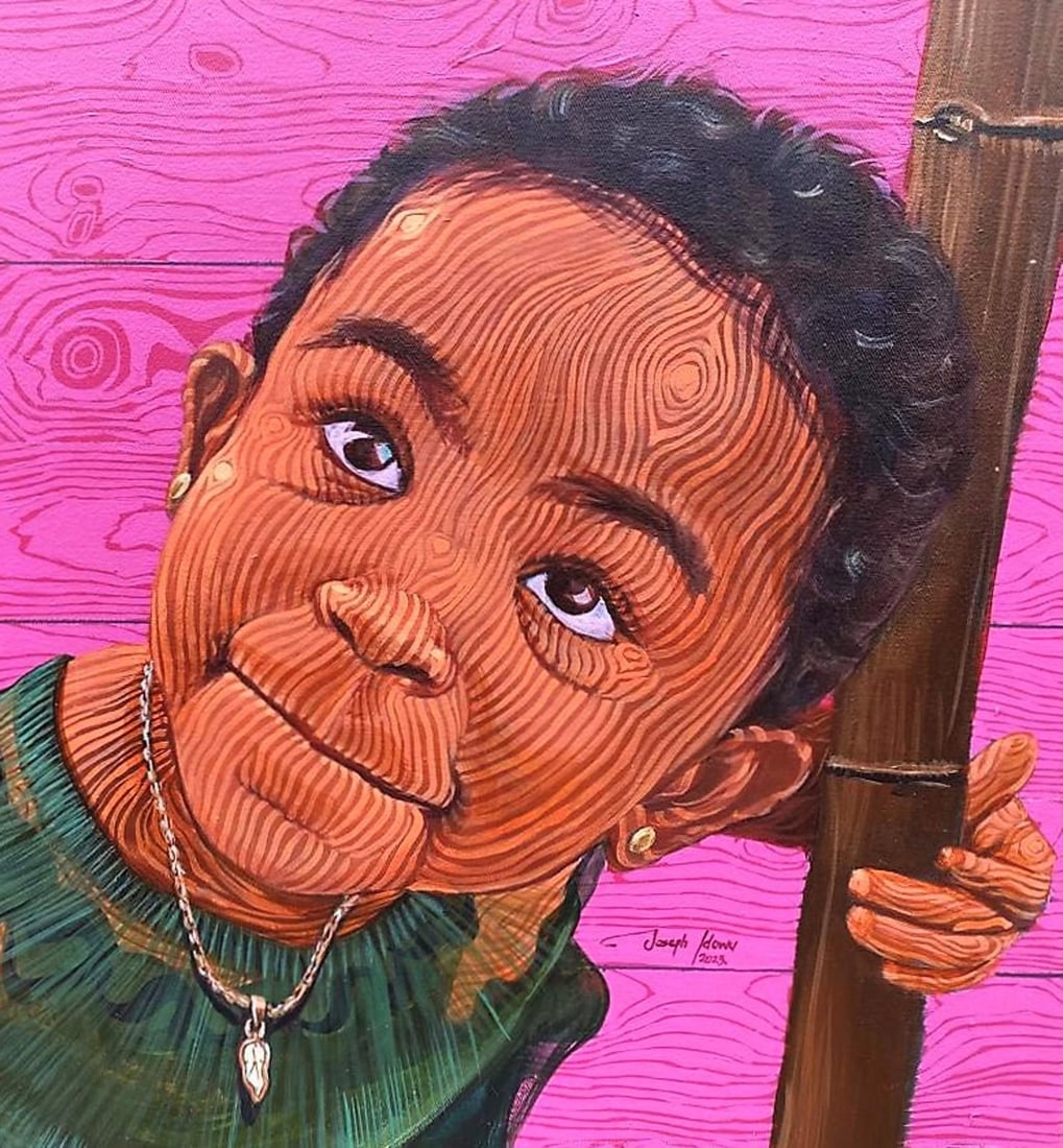 The Girl and the Bamboo 2 by Joseph Idowu | Acrylic on canvas of a girl with bamboo and a pink backg - 4