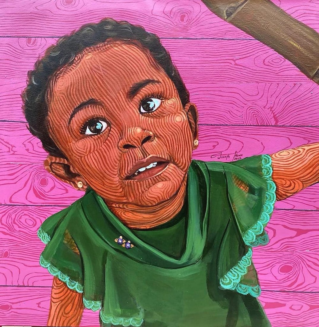 The Girl and the Bamboo 1 by Joseph Idowu | Acrylic on canvas Portrait of a girl with bamboo.: This artwork features a young girl with an expressive gaze, her features rendered in vibrant acrylics that bring out the warmth of her skin tone. The background, painted in a striking pink, contrasts