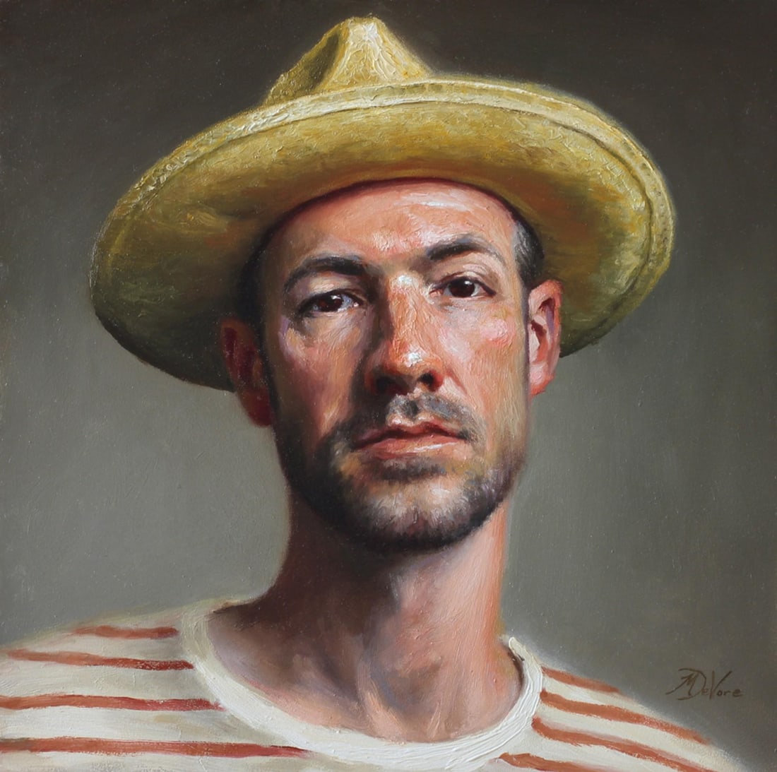Self Portrait in Straw Hat by Michael DeVore | Oil on panel Portrait of a man wearing a straw hat.: This self-portrait features the artist wearing a straw hat and a striped shirt, capturing a moment of introspection. The warm tones of the oil paint convey a sense of familiarity and intimacy, while