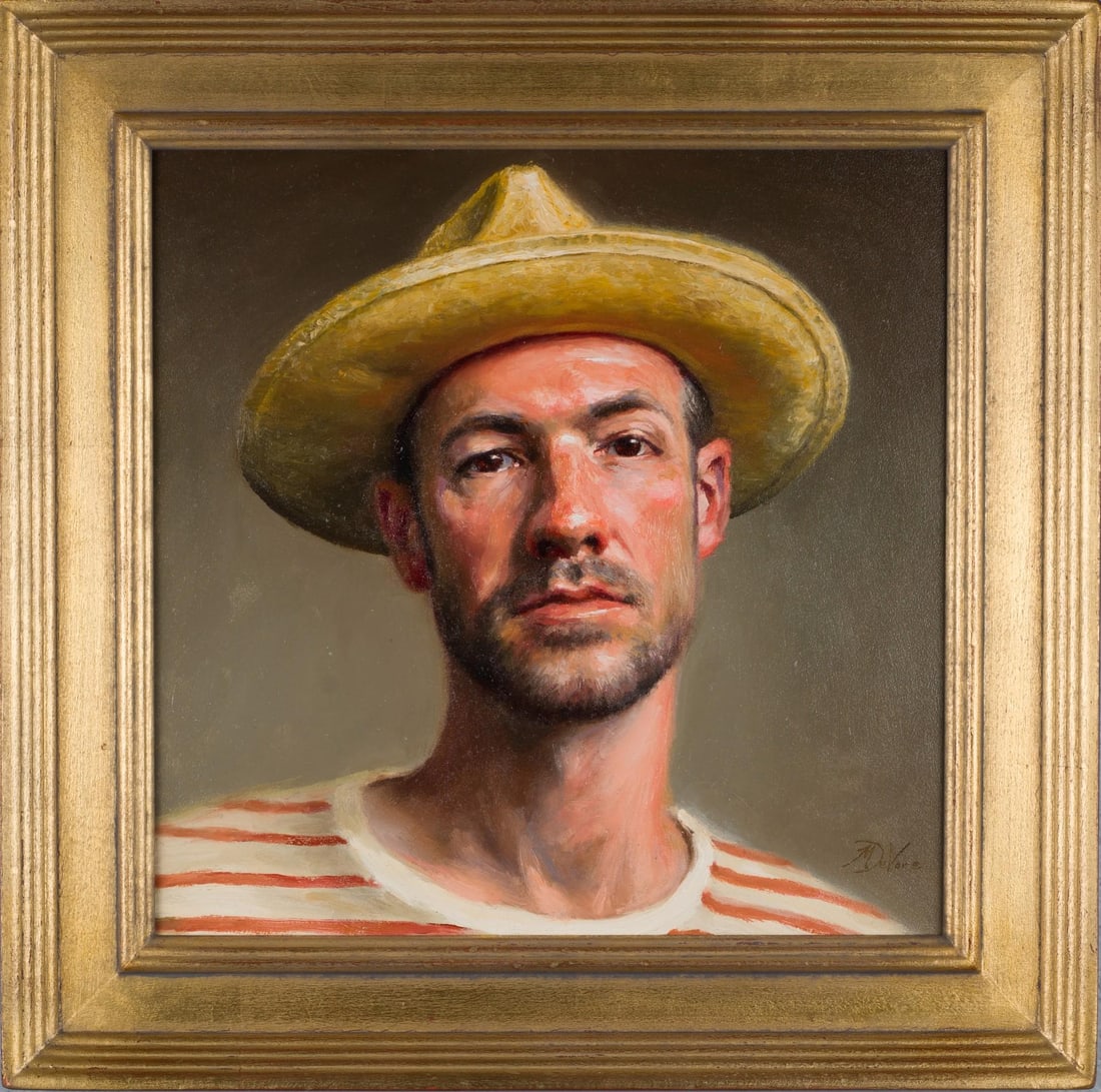 Self Portrait in Straw Hat by Michael DeVore | Oil on panel Portrait of a man wearing a straw hat. - 2