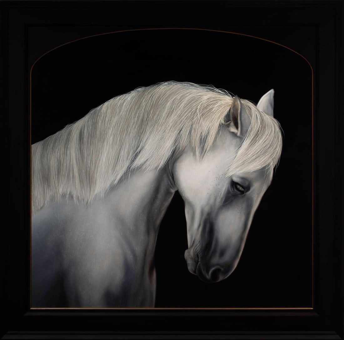 Passive Sacrifice by Che Leviathan | Oil on Panel Portrait of a White Horse: This artwork features a striking portrayal of a white horse, its head bowed in a moment of quiet reflection. The smooth, detailed rendering of the horse's mane and expressive features contrasts with