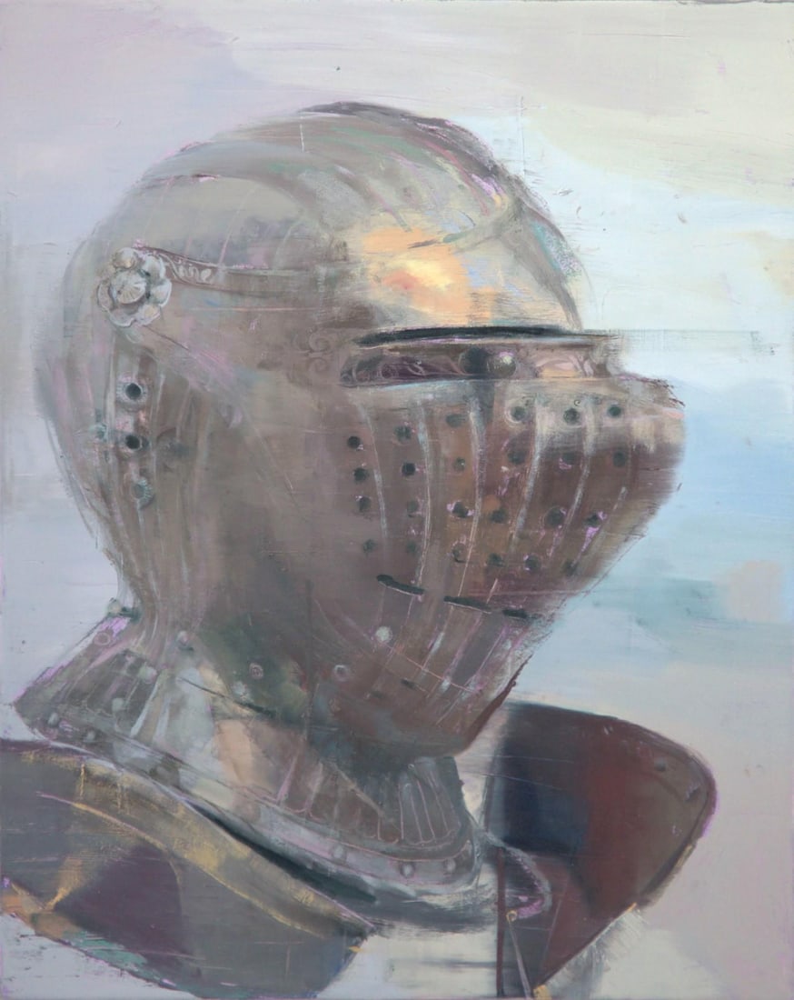 Pearly Shell by Elena Burykina | Oil on panel Portrait of a knight in armor.: Pearly Shell features a stylized depiction of a knight's helmet, rendered in a soft, muted palette that evokes a sense of tranquility and introspection. The smooth, reflective surfaces contrast with