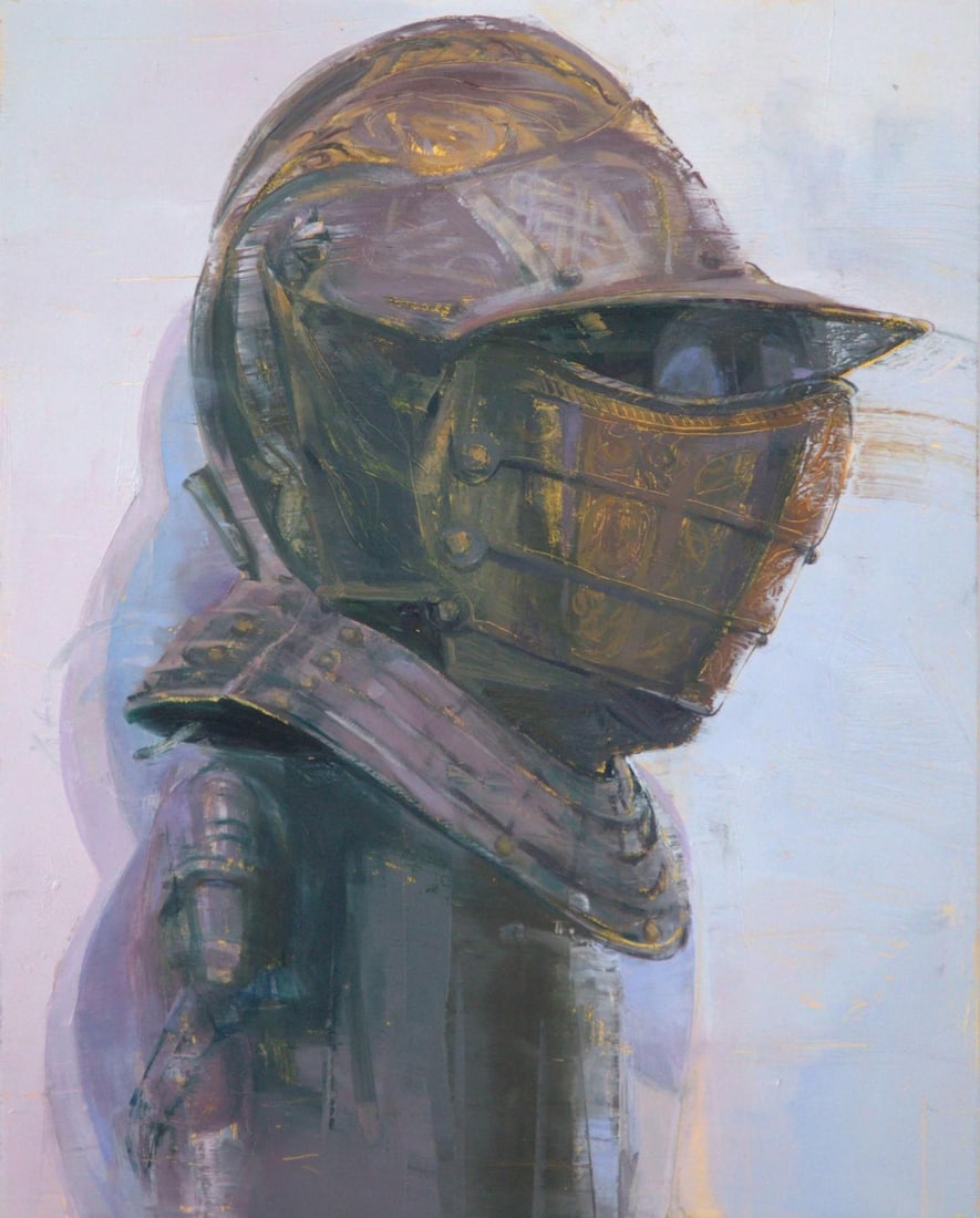 Short-Sighted by Elena Burykina | Oil on panel Portrait of a figure in a helmet and armor.: This oil painting presents a side profile of a figure adorned in intricate armor, exuding a sense of both strength and vulnerability. The subdued color palette, combined with expressive brushwork, cre