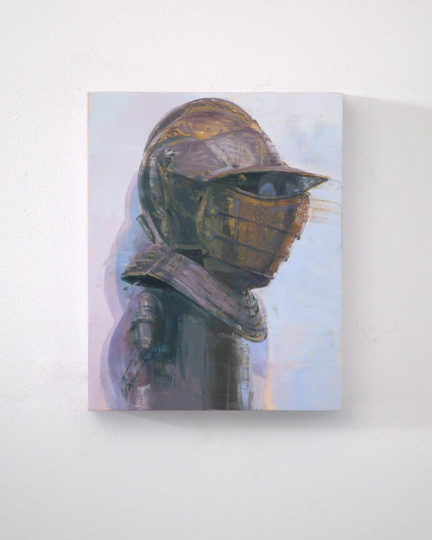 Short-Sighted by Elena Burykina | Oil on panel Portrait of a figure in a helmet and armor. - 2