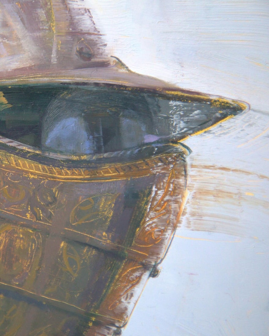 Short-Sighted by Elena Burykina | Oil on panel Portrait of a figure in a helmet and armor. - 4