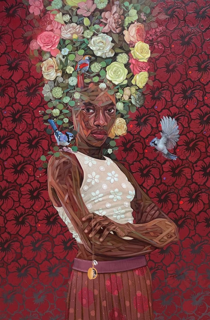 Nest IV by Ifeoluwa Alade | Acrylics on canvas Portrait of a woman with floral and bird elements.: Nest IV depicts a figure adorned with a vibrant arrangement of flowers and birds, symbolizing growth and connection to nature. The rich red background enhances the emotional intensity of the subject,