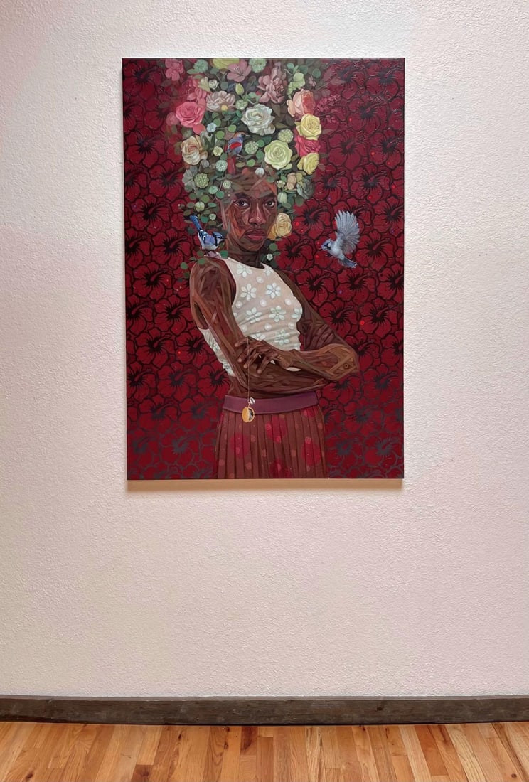 Nest IV by Ifeoluwa Alade | Acrylics on canvas Portrait of a woman with floral and bird elements. - 2