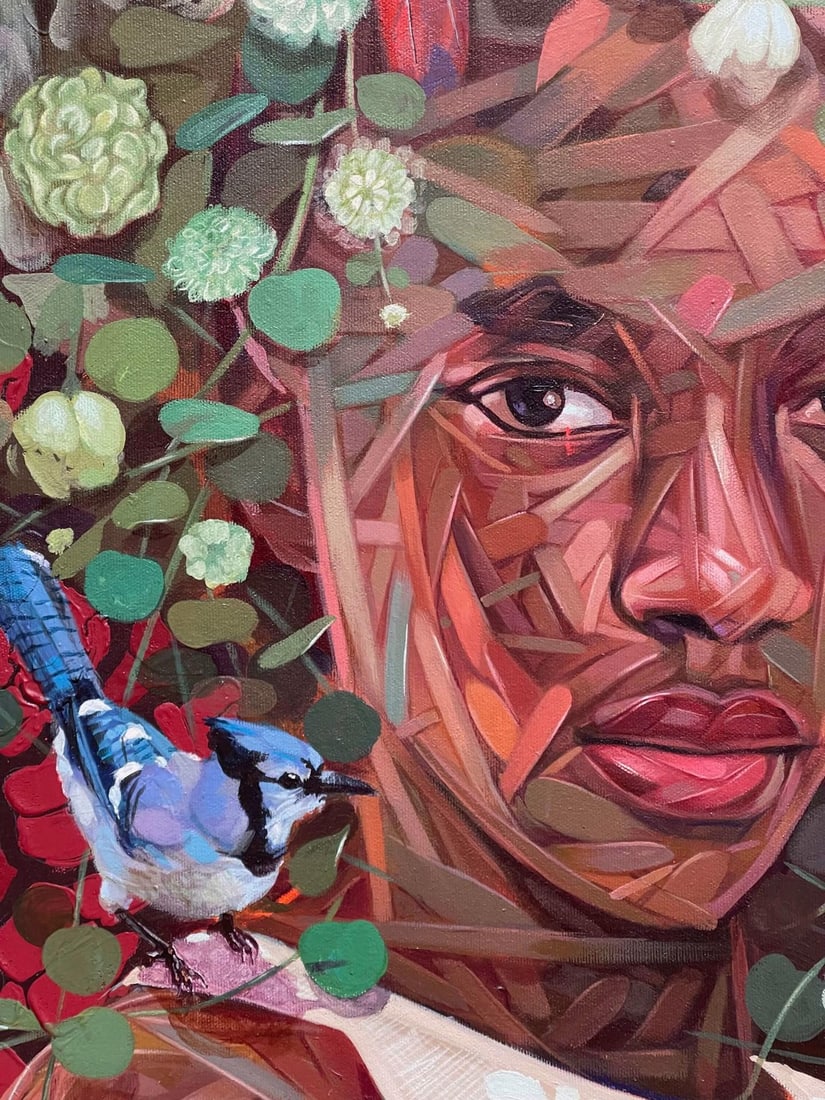 Nest IV by Ifeoluwa Alade | Acrylics on canvas Portrait of a woman with floral and bird elements. - 4