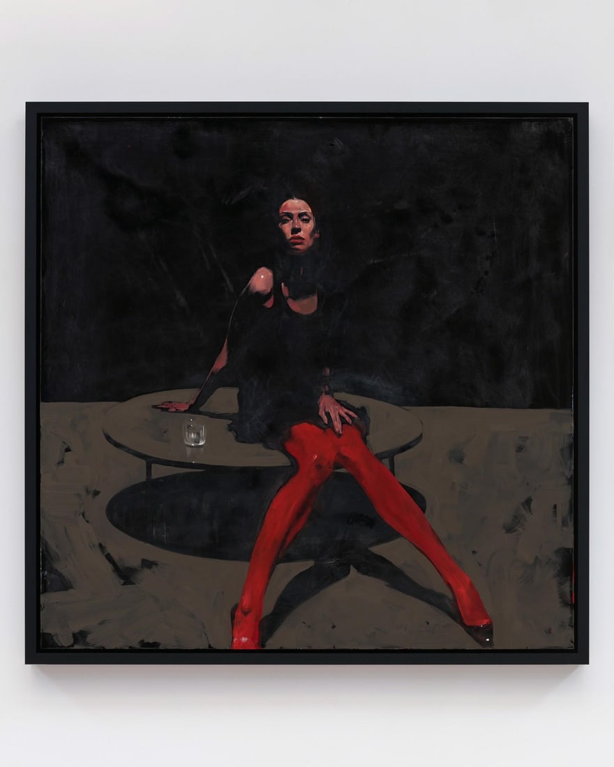 Red Tights by Michael Carson | Oil on Panel Woman in red tights seated at a table. - 2
