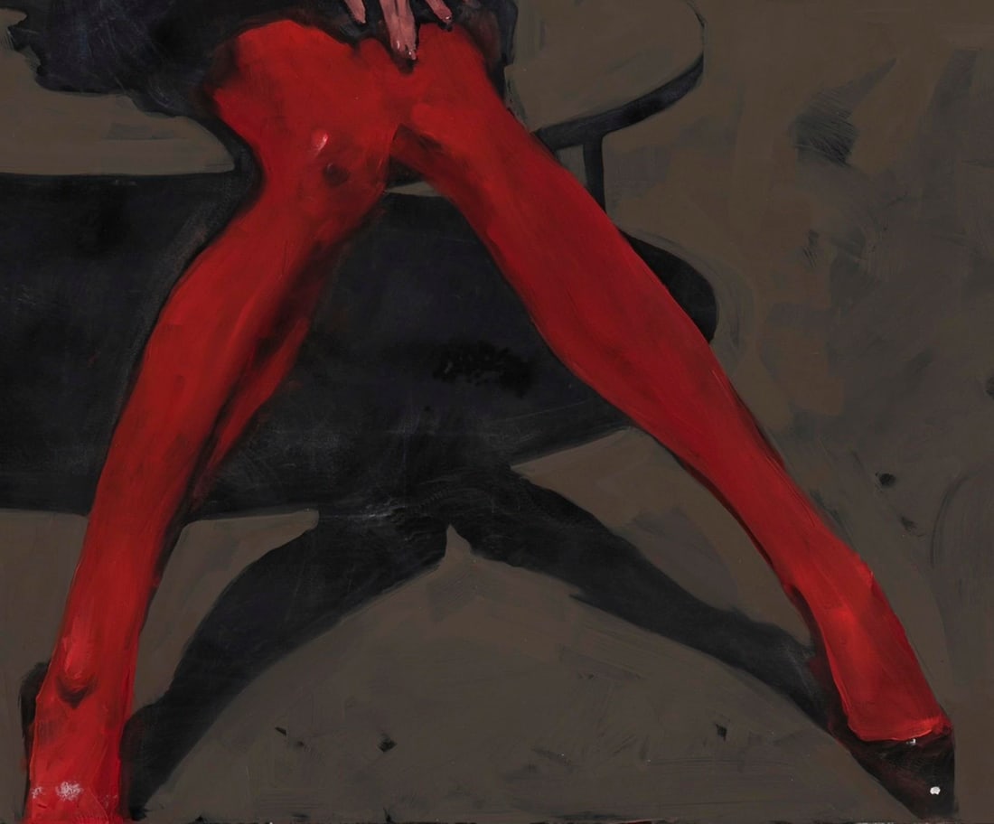Red Tights by Michael Carson | Oil on Panel Woman in red tights seated at a table. - 3