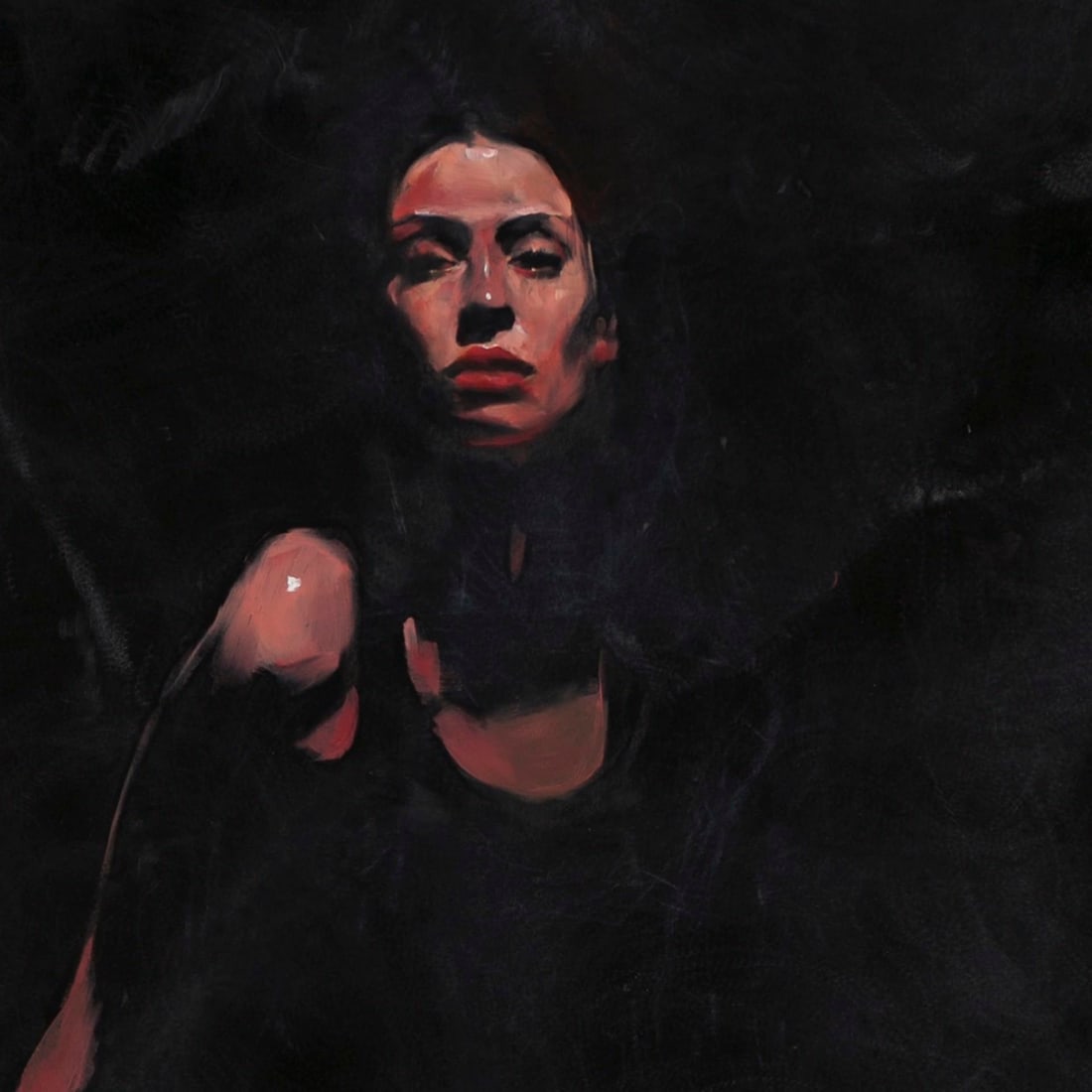 Red Tights by Michael Carson | Oil on Panel Woman in red tights seated at a table. - 4