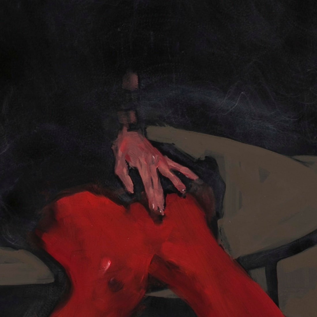 Red Tights by Michael Carson | Oil on Panel Woman in red tights seated at a table. - 5
