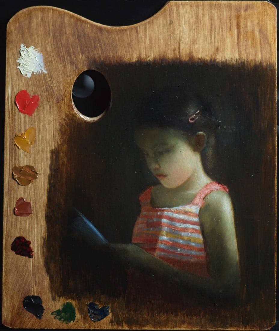 Untitled portrait by Luis Borrero | Oil Painting of a girl reading a book - 2