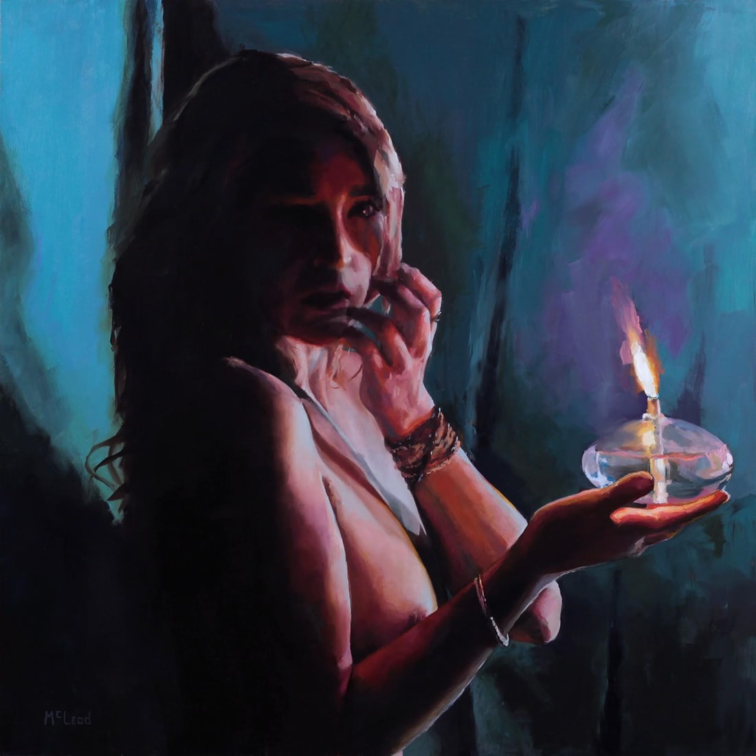 Illuminated by John McLeod | Oil on aluminum of a woman holding a candle in dim light: This oil painting on aluminum depicts a figure holding a candle, its warm light illuminating her face against a backdrop of deep, cool tones. The contrast between light and shadow creates a