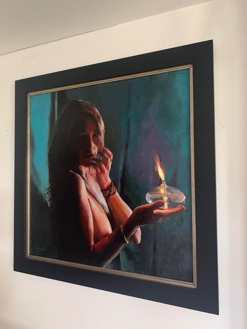 Illuminated by John McLeod | Oil on aluminum of a woman holding a candle in dim light - 2