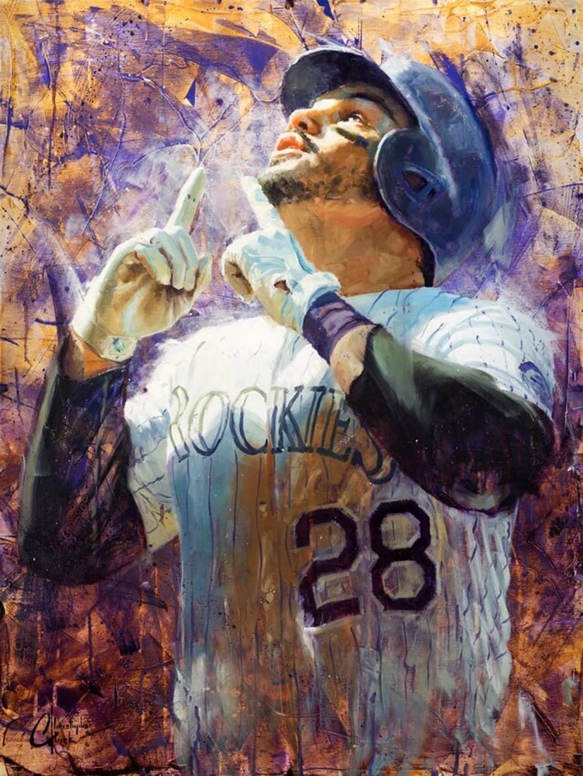 Nolan Arenado by Christopher Clark | Oil on wood Portrait of a baseball player in uniform. - 2