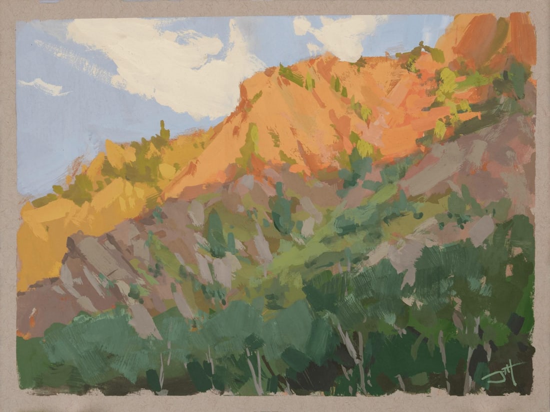 To the Brim by Judd Mercer | Gouache On Paper Landscape of colorful hills and greenery.: This gouache on paper artwork captures a vibrant landscape, with sunlit orange and green hues illuminating the rugged terrain. The brushwork conveys a sense of movement and texture, enhancing the