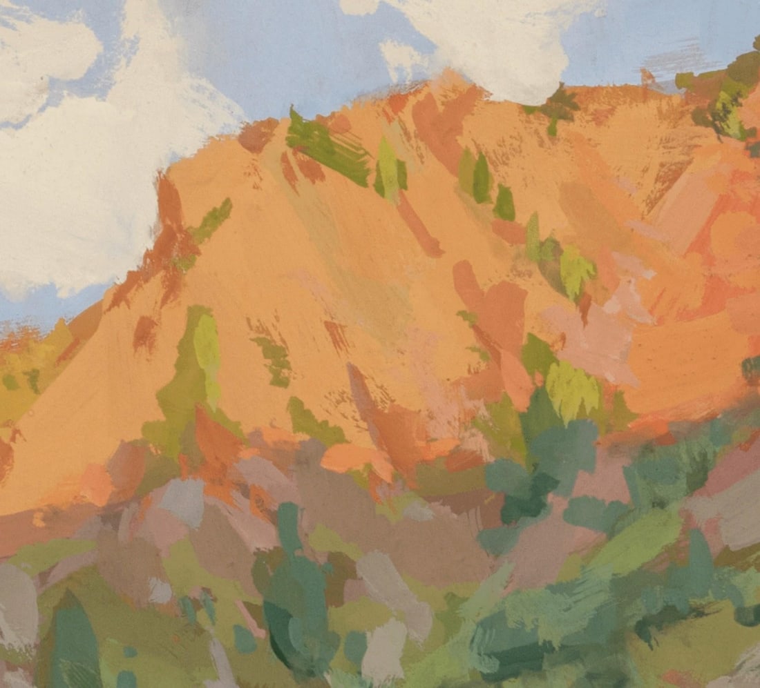 To the Brim by Judd Mercer | Gouache On Paper Landscape of colorful hills and greenery. - 3