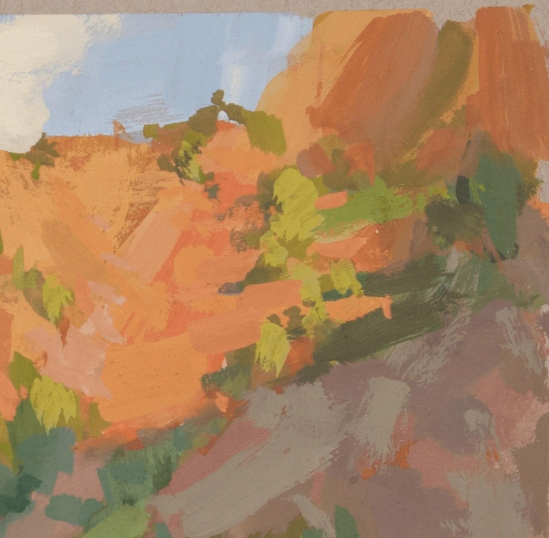 To the Brim by Judd Mercer | Gouache On Paper Landscape of colorful hills and greenery. - 4