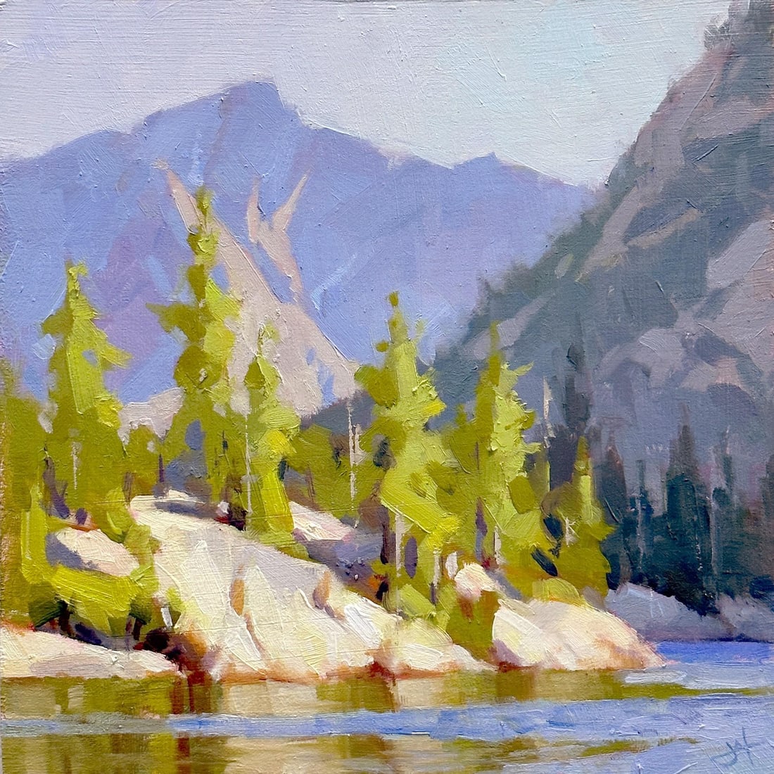 Brighter Prospects by Judd Mercer | Oil on Wood Landscape with Trees and Mountains by Water: Brighter Prospects captures a serene lakeside scene, where vibrant green trees stand against a backdrop of softly rolling mountains. The artist employs a loose, expressive brushwork that conveys the
