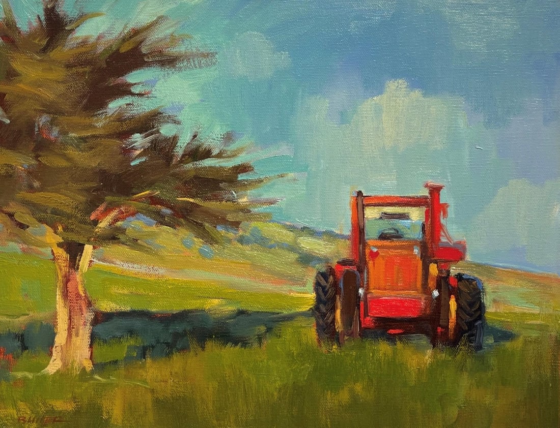 Working Tractor by Samantha Buller | Oil Painting of a red tractor in a grassy landscape.: This oil painting depicts a vibrant red tractor set against a backdrop of rolling hills and a solitary tree, capturing a serene rural landscape. The bold brushwork conveys a sense of movement and