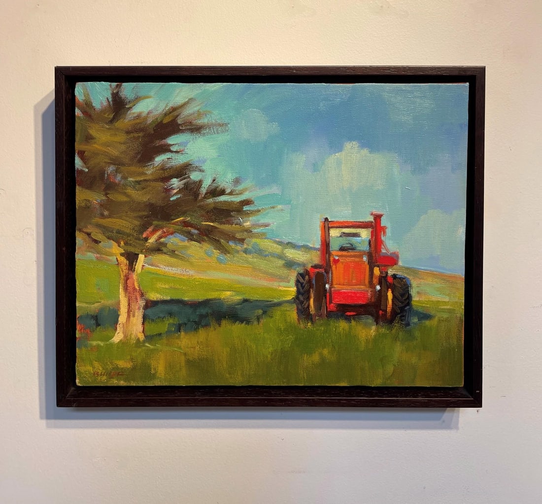 Working Tractor by Samantha Buller | Oil Painting of a red tractor in a grassy landscape. - 2