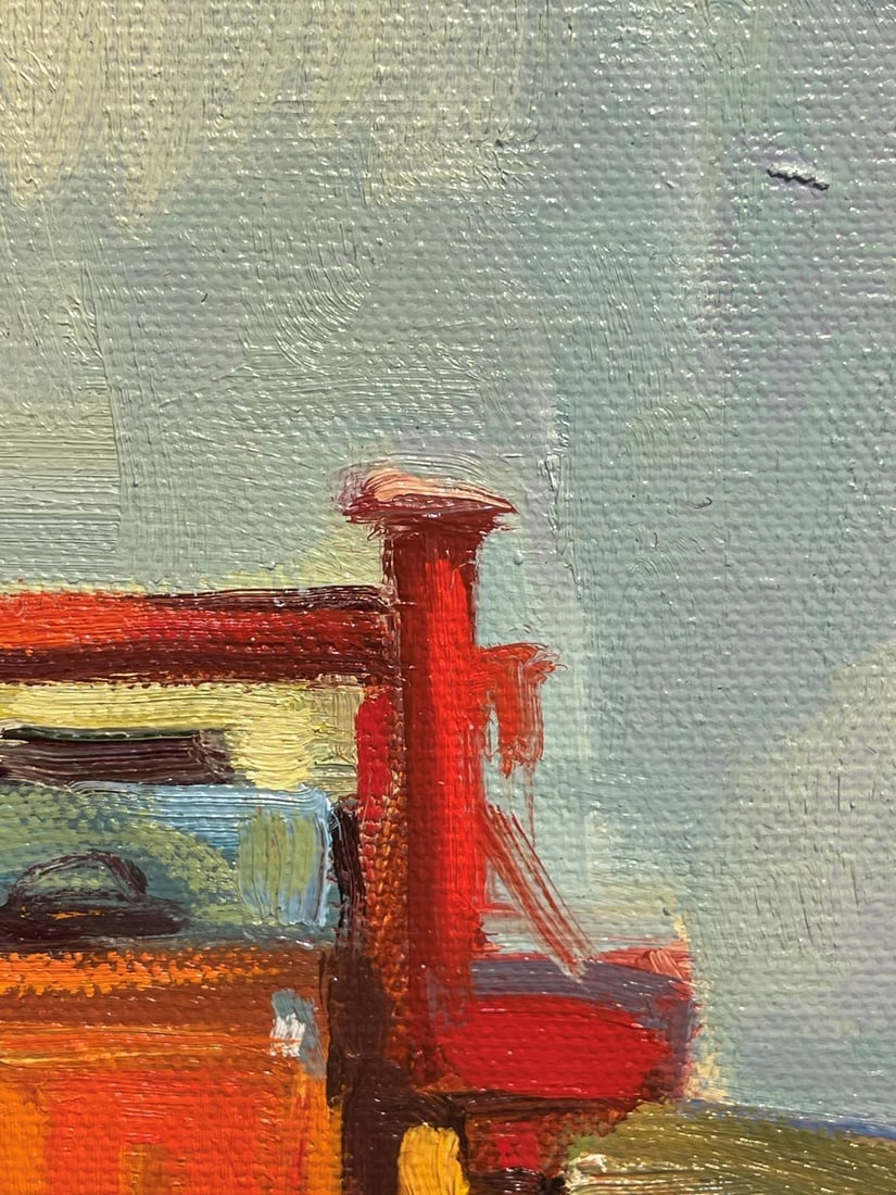 Working Tractor by Samantha Buller | Oil Painting of a red tractor in a grassy landscape. - 5