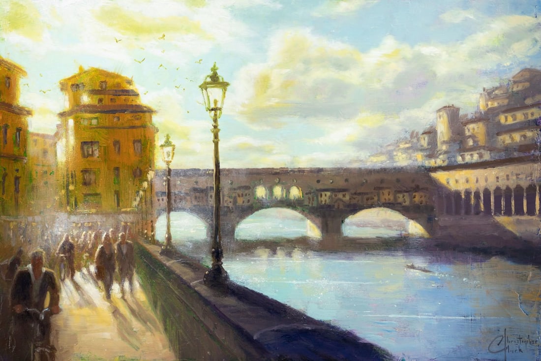 Florence Ponte Vecchio by Christopher Clark | Oil and acrylic on wood panel cityscape with bridge: This artwork captures the iconic Ponte Vecchio in Florence, bathed in the warm glow of a setting sun. The interplay of light and shadow creates a dreamlike atmosphere, while the soft brushstrokes