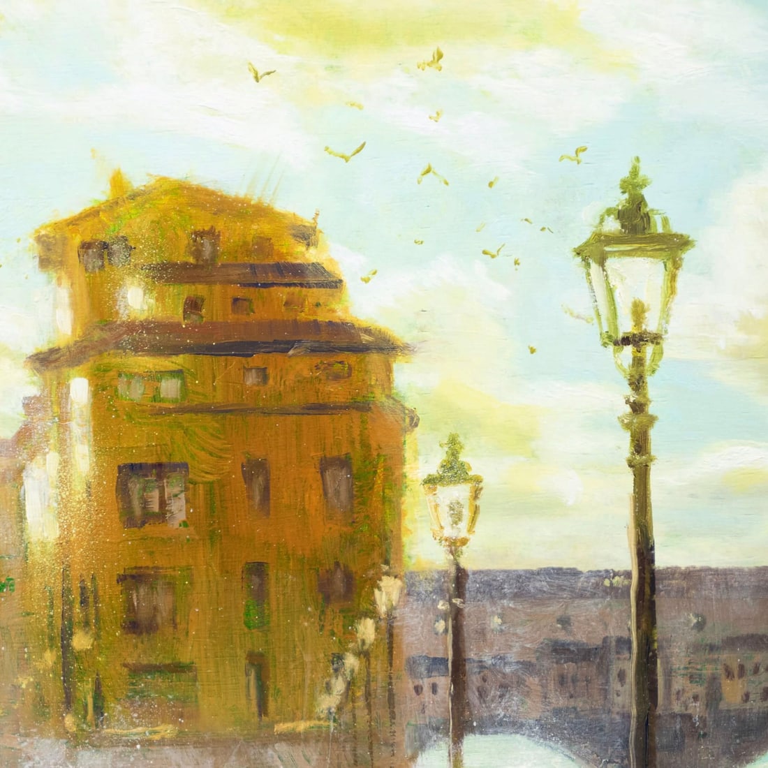 Florence Ponte Vecchio by Christopher Clark | Oil and acrylic on wood panel cityscape with bridge - 2