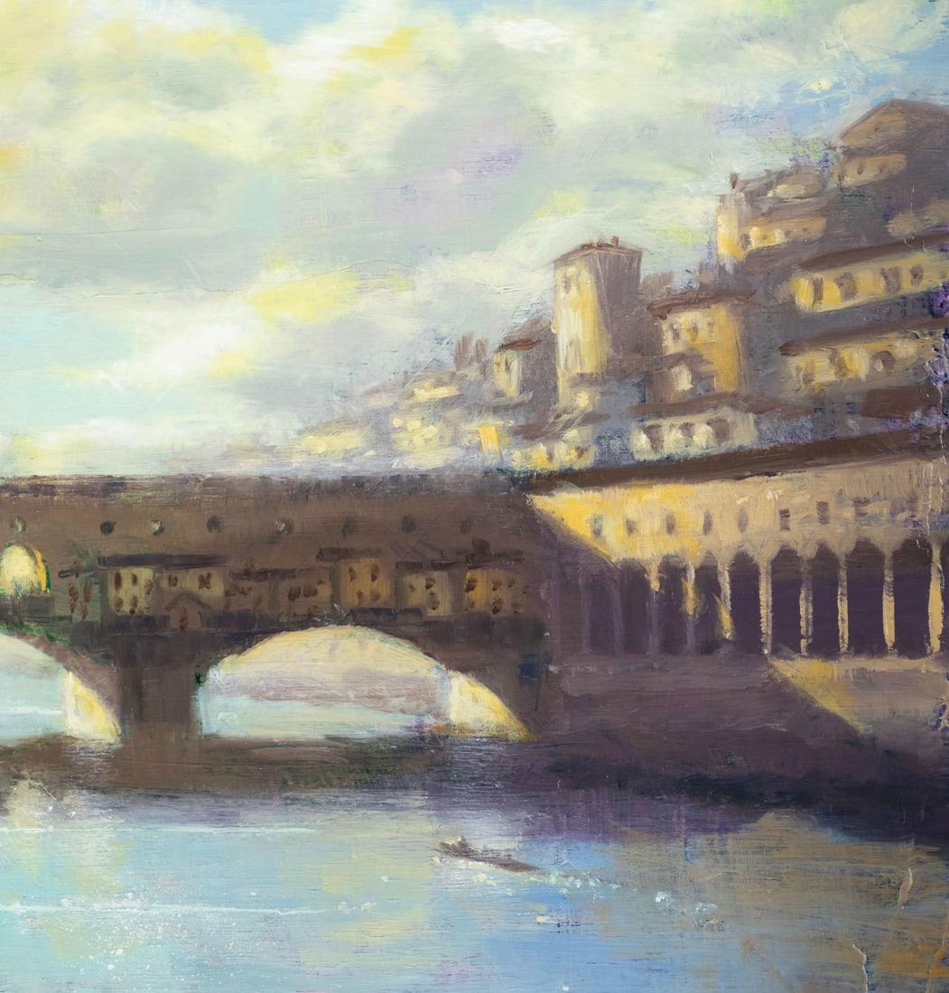 Florence Ponte Vecchio by Christopher Clark | Oil and acrylic on wood panel cityscape with bridge - 3