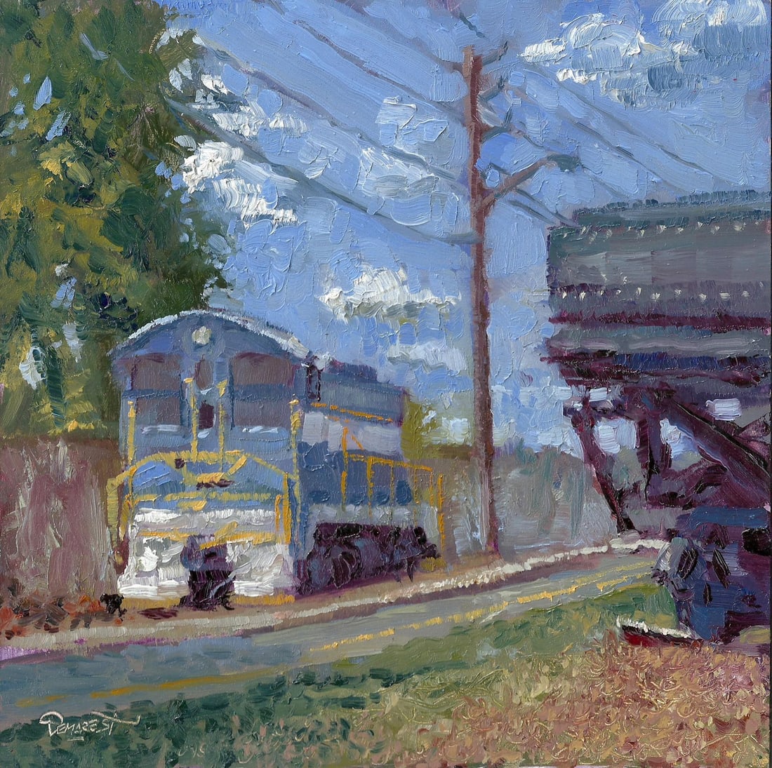 #30 Blue Caboose sole surviving switcher by Delton Demarest | Oil Painting of a blue train caboose - 2