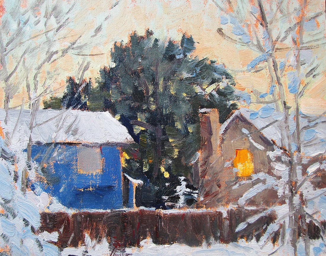 A New Day by Lorenzo Chavez | Oil Painting of a snowy landscape with houses at dawn: In "A New Day," a serene winter scene unfolds, showcasing a cluster of homes blanketed in snow, with a vibrant blue house contrasting against the soft, muted tones of the surroundings. The warm glow f