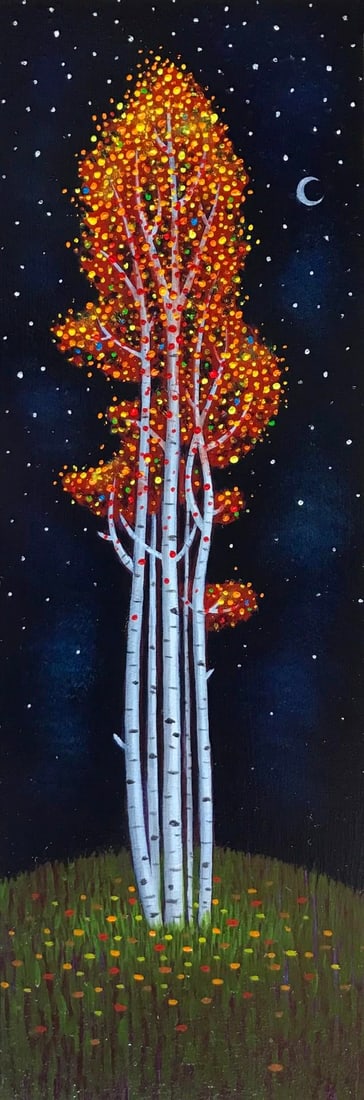 Untitled IV by Thane Gorek | Oil on Board Autumn trees with colorful leaves against a night sky: This artwork features a cluster of slender trees adorned with vibrant autumn foliage, set against a deep, starry night sky. The contrasting colors of the leaves and the dark background create a sense