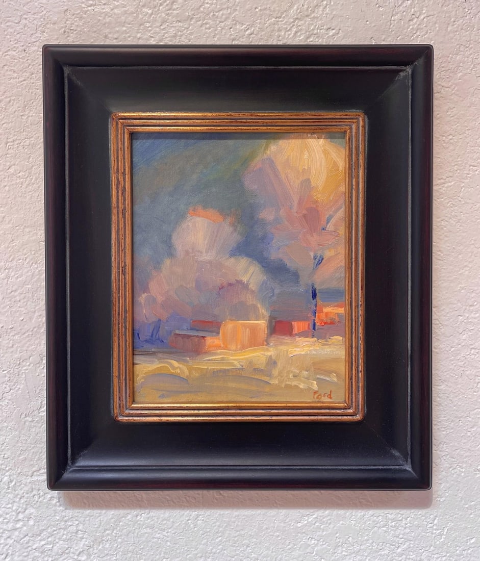 Taos Winter by Jane Ford | Oil on Panel Winter landscape with soft colors and trees. - 2