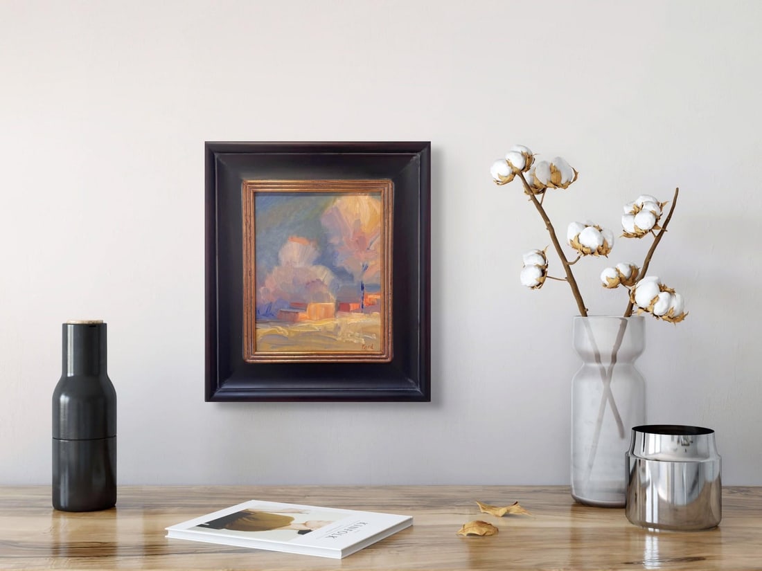 Taos Winter by Jane Ford | Oil on Panel Winter landscape with soft colors and trees. - 4