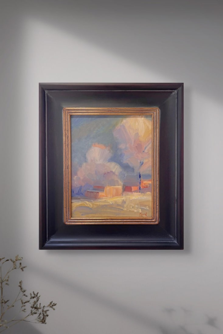 Taos Winter by Jane Ford | Oil on Panel Winter landscape with soft colors and trees. - 5