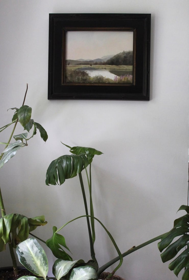 A Kind of Paradise by Mo Myra | Watercolor on Paper Landscape with a Pond and Mountains - 2