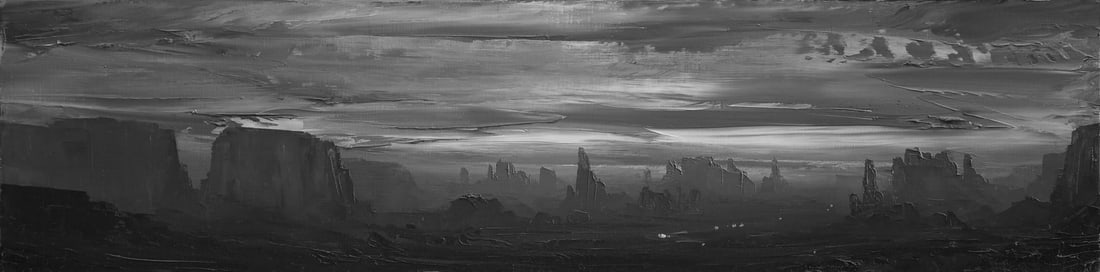 An Escape from Time by Todd Carpenter | Oil on panel Abstract landscape in monochrome tones.: This oil on panel artwork presents a vast, monochromatic landscape where towering rock formations rise against a dramatic sky, evoking a sense of isolation and timelessness. The textured brushwork cre