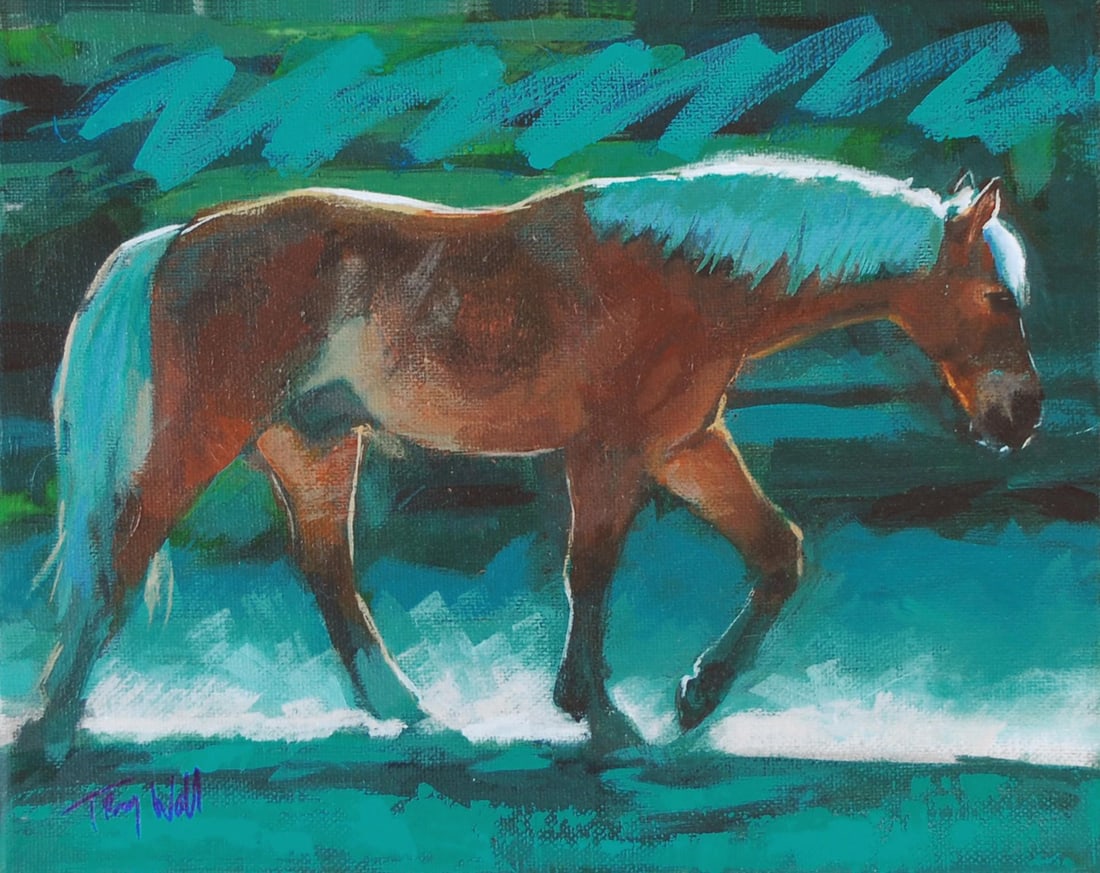 Lunar Eclipse by Tracy Wall | Mixed Media on Canvas Horse walking in a blue-toned landscape.: Lunar Eclipse, 2021 captures the serene yet dynamic presence of a horse in a twilight setting. The mixed media technique employs vibrant blues and contrasting light to evoke a sense of movement and