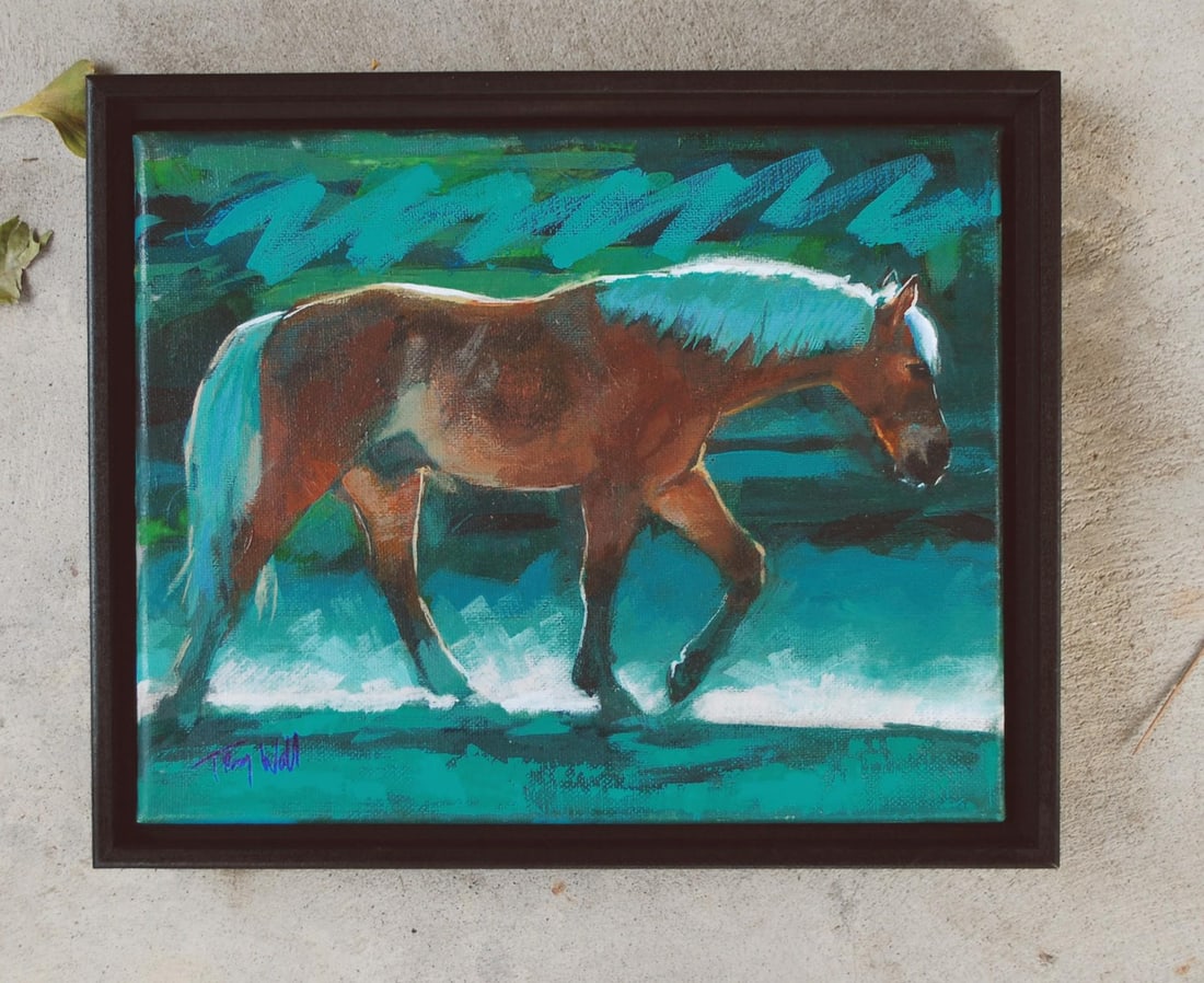 Lunar Eclipse by Tracy Wall | Mixed Media on Canvas Horse walking in a blue-toned landscape. - 4