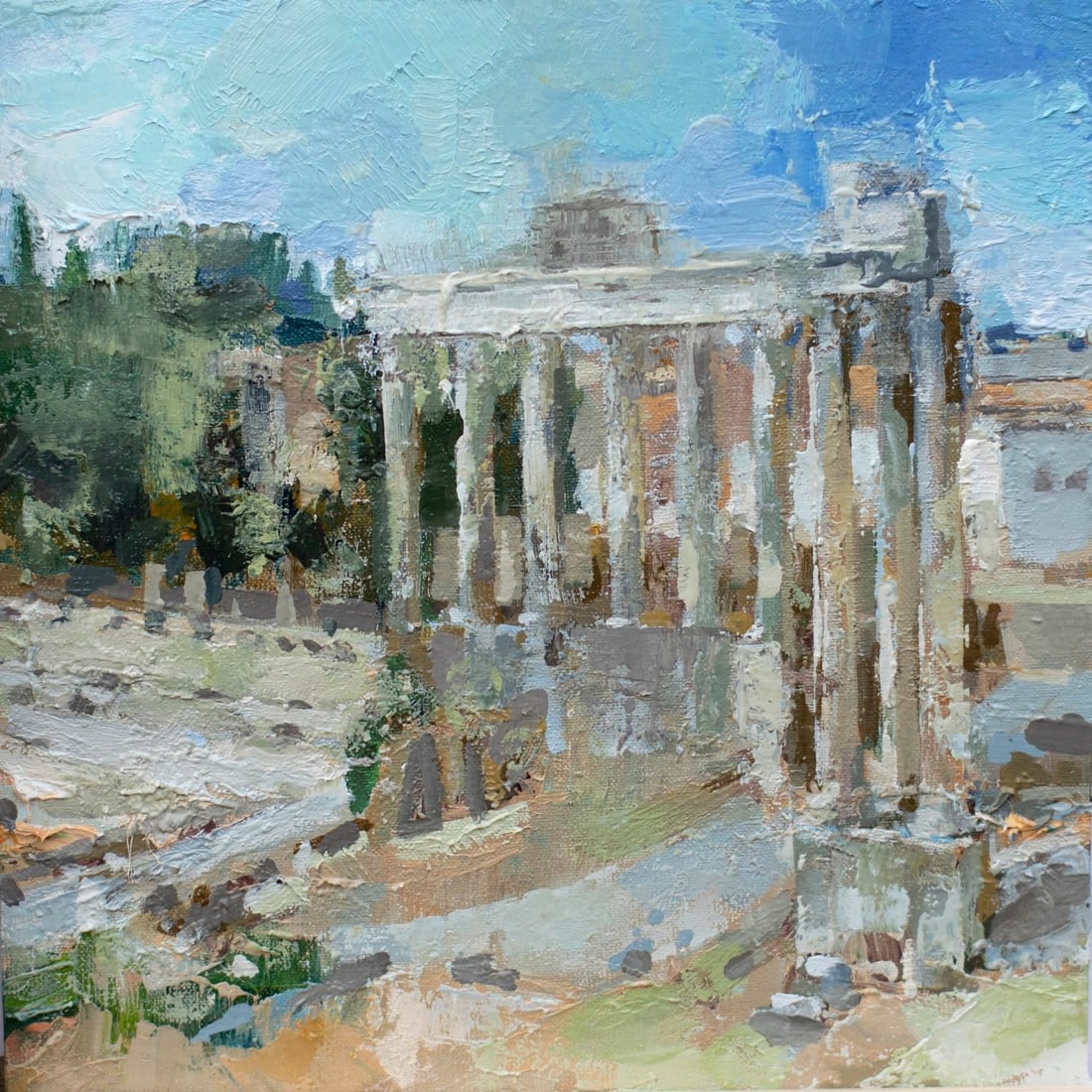 Forum Romanum III/Rome/Italy by Heiko Mattausch | Oil on board Painting of Roman ruins in a landscap: This oil on board painting captures the iconic ruins of the Forum Romanum, portraying the ancient architecture with a fresh, modern perspective. The artist employs bold brushstrokes and a vibrant colo